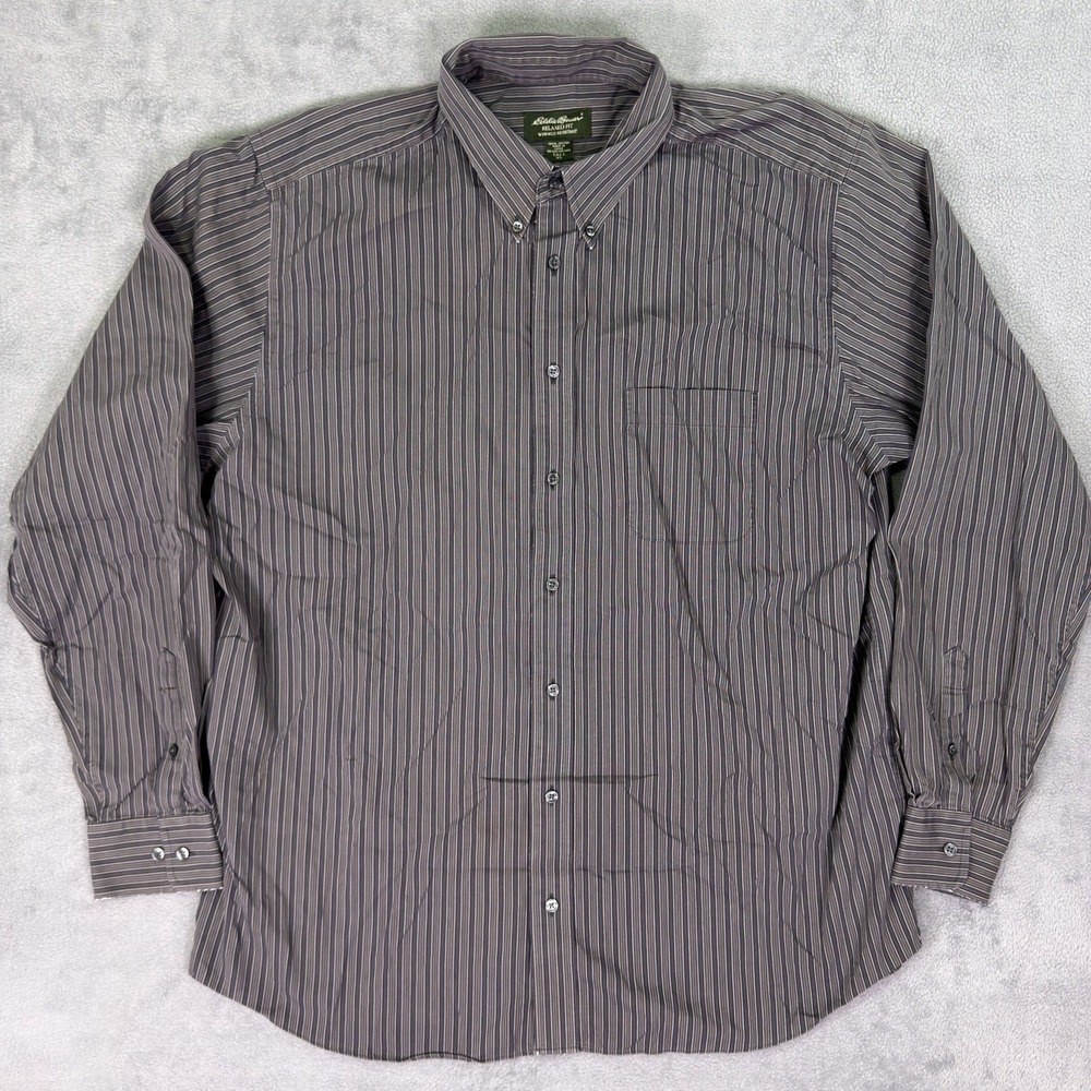 Eddie Bauer Shirt Mens XL Tall Gray Striped Long Sleeve Button Down Relaxed
